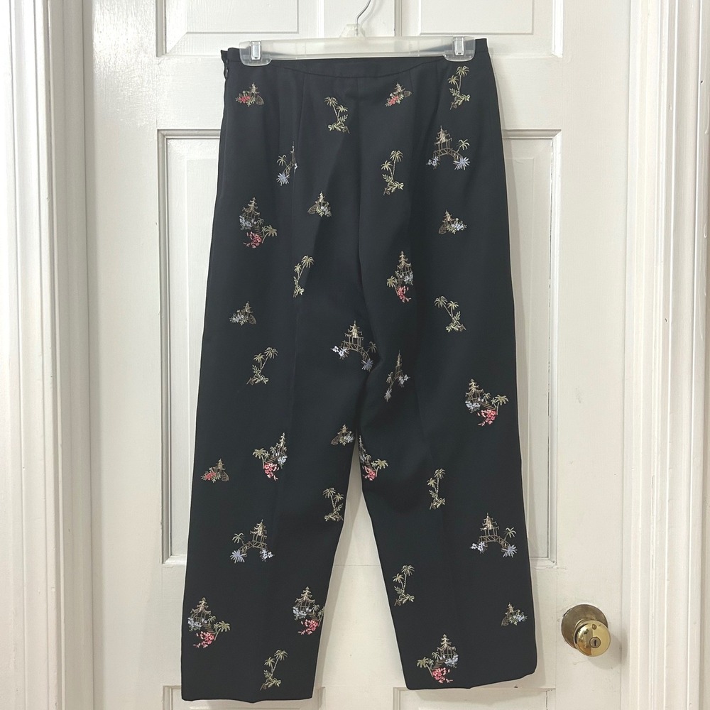 Talbots‎ 8 Petites Silk Cotton Black Embroidered Asian Pagoda Palm Cropped Pants - Picture 3 of 4